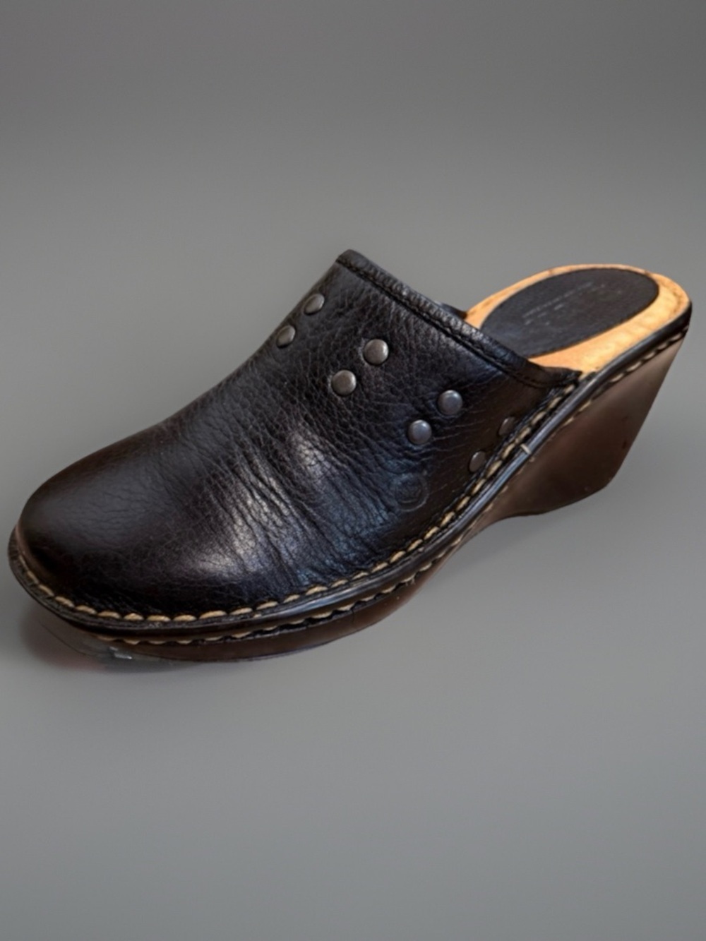 Black LEATHER Stud Heeled Mule Wedge Clog …